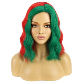 Christmas Short Curly Wavy Wig for Women Girls Red and Green Side Part Costume Heat Resistant Synthetic Wig for Cosplay Party or Daily