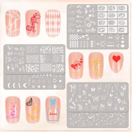 MWOOT 6 Pieces Nail Stencil Stamp Set, Lines Geometry Flower Heart Butterfly Moon Star Theme Stamp Nail Design, French Nail Art Stamping Plates Nail Stamp Manicure Tool Kit