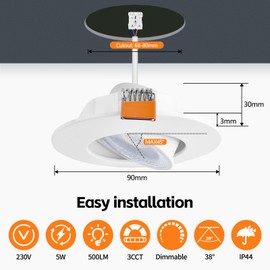 YindaLux Set of 6 LED Recessed Spotlights 230 V Dimmable 45° Swivelling LED Spotlights 5 W IP44 Ceiling Spotlights LED 68-80 mm Hole Size 3000 K / 4000 K / 6000 K Recessed Spotlights for Bathroom