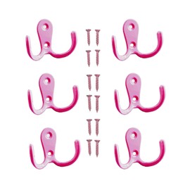 Yesmin 6 Pcs Double Prong Robe Hooks, Dual Coat Hooks Wall Mounted Hanging Clothes for Bathroom Bedroom Door Wall Retro Metal Cloth Hanger Double Coat Hooks with 8 Screws-Pink