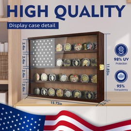 Military Challenge Coin Display Case 16 x 12 in, Wooden American Flag Shadow Box with Anti-Dust UHD Acrylic Door, Gold-Antitheft Lock & Wall Mount, Gift for Collectors (Charcoal Brown Large)