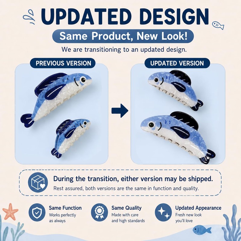 2 PCS Sardine Fish Hair Claw Clips, Large & Small