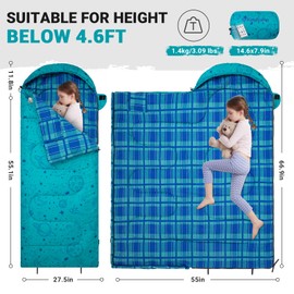 KingCamp Kids Sleeping Bag Flannel Lined Cold Weather 3-4 Season Sleeping Bag for Teens Youth Child Boys Girls Camping Hiking Backpacking, Water Repellent Lightweight & Compact, Cyan