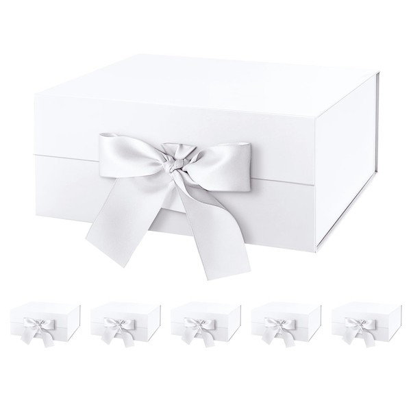 HAPPY POTATO 6 Gift Boxes with Ribbon 9.5x7x4 Inches, White Gift Boxes with Lids, Collapsible Gift Boxes, Magnetic Closure Gift Boxes for all occasion (Glossy White, Pack of 6)