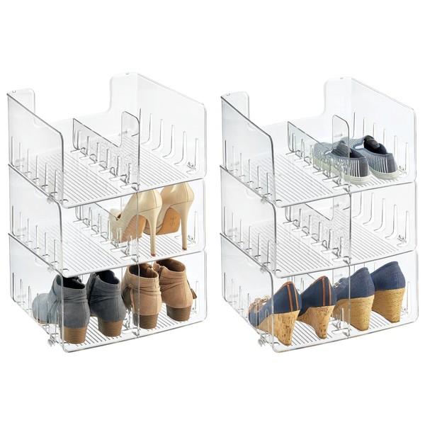 mDesign Stackable Shoe Storage Organizer for Organizing Men's, Women's Shoes Inside Closet; Holds Booties, Pumps, Sandals, Wedges, Flats, Heels; Each Holds 2 Pairs - Ligne Collection, 6 Pack - Clear