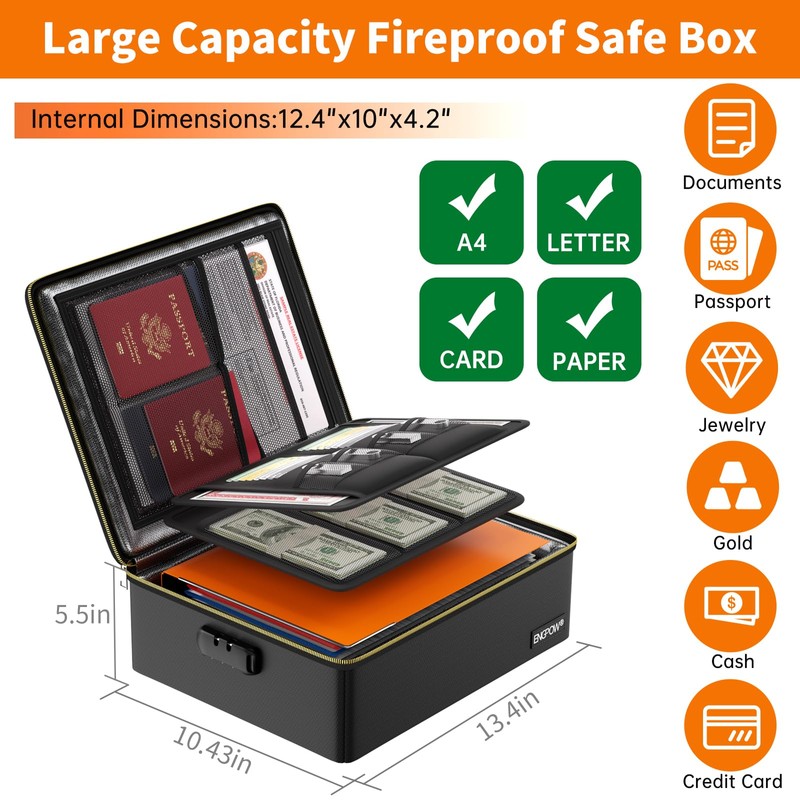 ENGPOW Fireproof Document Box with Lock, Fireproof Water Resistant Heat