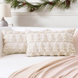 OTOSTAR Set of 2 Soft Plush Short Wool Velvet Decorative Throw Pillow Covers Square Luxury Style Cushion Case Pillow Shell for Sofa Bedroom Christmas Tree Cream Beige, 16x24 Inch