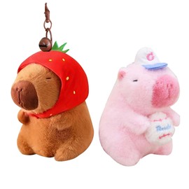 Teemotutu 2PCS Capybara Plush Keychain Cute Capybara with Strawberry Pink Capybara Soft Plush Keychain for Backpack Purse or Gift (Pink+Strawberry)