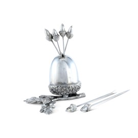 Vagabond House Pewter Acorn Cheese Martini Olive Cocktail Stainless Steel Pick Set Skewer Fruit Toothpicks (6 picks in set) Rustic Cabin 3.5 inch Tall