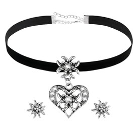 JOZMMZEOOA 3 Piece Jewellery Sets for Women, Black Rhinestone Edelweiss Heart Pendant and Stud Earrings Women's Jewellery Oktoberfest Dirndl Accessories Earrings Women's Accessories for Oktoberfest