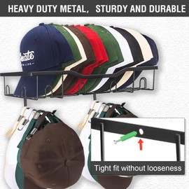 Decorelement Metal Hat Rack with Hooks for Caps, Wall Mounted Baseball Cap Organizer Holder 30 Caps Each, Multi-Hat Storage Shelf with 2 "L Shape Hangers for Wall, 2 Pack Large capacity (Black)