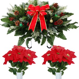 Thiccywoov 3 Pieces Christmas Cemetery Flowers Christmas Snow Frosted Headstone Saddle Red Poinsettias Memorial Bouquets with Vase Red Berries Snow Pine Tied Outdoor Grave Decoration(Gold Bow)