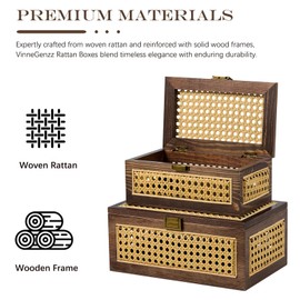 VinneGenzz 2PCS Rattan Storage Boxes Decorative Handmade Natural Wood Baskets with Lid Wooden Frame Boho Rustic Wicker Box Woven Cane Bins Shelf Closet Organizer Container (Walnut, 1 Large 1 Small)