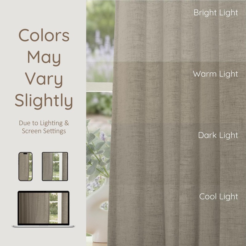 Pinch Pleated Semi Sheer Linen Curtains 108 Inches Long, Taupe