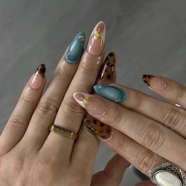 MERVF Press on Nails Medium Almond Fake Nails French Tip Glue on Nails Brown Leopard Design Stiletto 3D Gold Press Fall Acrylic Vintage False Nails ons Glossy 30pcs