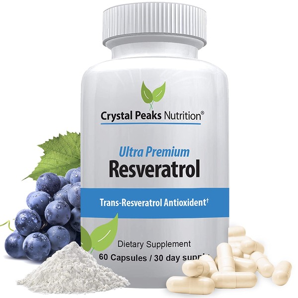 CRYSTAL PEAKS NUTRITION 100% Natural Resveratrol Supplement (600mg) Trans-Resveratrol to Support Heart Health - Antioxidants Supplement for Improved Immune System (60 Capsules)