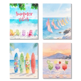 EVER-GOING TUNE summer vibes beach room décor Set of 4,watercolor beach wall art, Preppy Room Décor,surfboard wall décor,for wall decoration in girls' dormitory and bedroom, 8X10 inches.