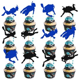 24Pcs Diving Theme Cupcake Topper Swimming Cupcake Topper Summer Sport Party Decoration Swimming Birthday Party Decoration Swim Bachelorette Party Supplies Double-Side Blue Black Glitter