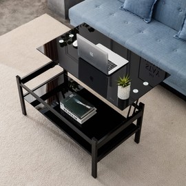 Fulocseny Black Glass Coffee Table Lift Top for Living Room, Mordern Cocktail Table 2 Layer Sofa Center Tables with Storage Rectangle Tempered Glass Metal Leg Home Office