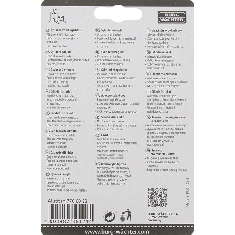 burg-wächter 9.5 MMシャックル、2キー、Padlockアルミニウムチタン770 60 SB