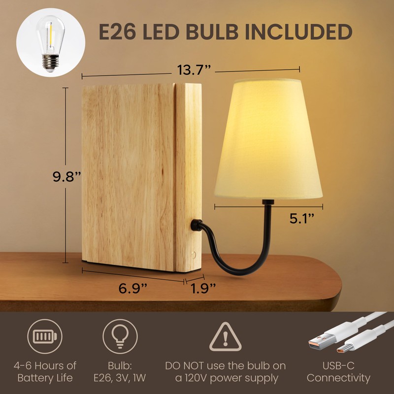 AELS Wooden Bookshelf Lamp with Bulb, Cordless Touch Dimmable Table