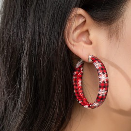 Large Red Matte Round Hoop Earrings Wide Faux Leather Multicolor Pierced for Women Classic Lightweight Wedding Holiday Jewelry-Snowflake