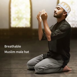 Hapivida Islamic Muslim Hat Yellow Embroidery Beanie Hat Men's Muslim Islamic Prayer Cotton Knitted Hat for Eid Ramadan Pray Eid Gift