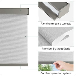 SHECUTE Cordless Blackout Roller Shades for Indoor Windows, Blackout Window Blinds for Home Living Room Bedroom and Office, Roller Window Shades with Square Valance (26”W x 72”L, Light Grey)