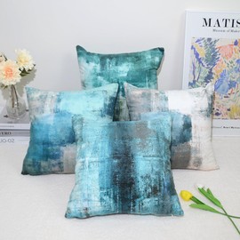 QUALKNOY Set of 4 Velvet Cushion Covers 45x45 cm, Teal Abstract Art Modern Decorative Throw Pillow Cases 18x18 inches for Living Room Sofa Garden Outdoor Courtyard Decor Pillowcases