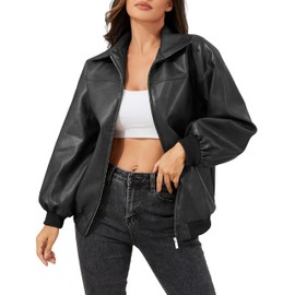 KWSTAIN Black Leather Jacket Women Oversized Motorcycle Fake Leather Zip Up Drop Shoulder Loose Coat with Pockets 2025 Fashion Clothes (Black,M)