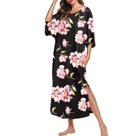 Ekouaer Women's Nightgown Short Sleeve Sleepshirt Long Loungewear Casual Maxi Lounge Dress House Dresses with Pockets,Flower Black,L