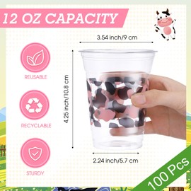 SiliFine 100 Pcs Pink Cow Plastic Cups 12 oz Clear Drinking Cups Pink Cow Themed Disposable Cups for Cow Party Supplies Decorations Birthday Baby Shower Camping Barbecues Events Picnics