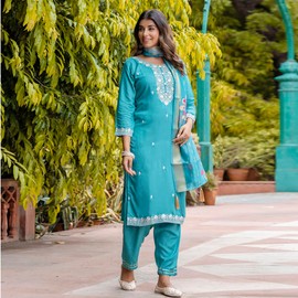 VredeVogel Women’s Viscose Roman Silk Embroidery Straight Kurta Pant with Dupatta Set | Ethnic Casual Kurti Set (Teal_X-Large)