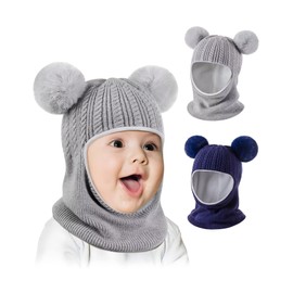 Baby Winter Hat Scarf Set 2 Pack, Toddler Beanie Hats Girl Boy with Neck Warmer, Beanie for Kids Knit Warm for Cold Weather