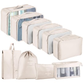 Suitcase Organiser Set, 10 Pieces Packing Cubes for Suitcase Travel Accessories Suitcase Organiser Set Clothes Bags Packing Cubes Cosmetic Travel Organiser Packing Bags for Suitcases (Beige)