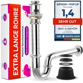 Universal Siphon for Sink (Extra Long Tube) 1 1/4 Inch (32 mm) + Sink Drain Fitting Pop Up with Overflow - Sink Plug and Syphon Bathroom Sink M. ROSENFELD HOME