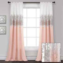 Lush Decor Night Sky Window Curtain Panel, Single, 42" W x 84" L, White & Blush - Sequin Curtains - Sparkle & Color Block Design - Modern Glam Decor - Long Curtains for Bedroom & Living Room