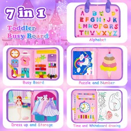 Busy Board for Toddlers 8 in 1 Montessori Toys for 2 Year Old Girl Bithday Gift Preschool Learning Activities with Life Skill, Alphabet, Number, Puzzles, dressups Toddler Travel Toys Unicorn Toys