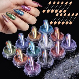 12 Boxes Holographic Laser Chrome Nail Powder, Mirror Effect Metallic Nail Powder Kit Fine Glitter Nail Pigment Shiny Iridescent Laser Manicure Decoration Dust DIY Salon Supplies for Women&Girls