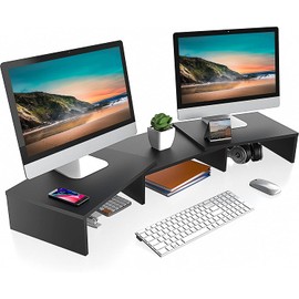 FITUEYES Dual Monitor Stand – 3 Shelf Computer Monitor Riser, Wood Desktop Stand with Adjustable Length and Angle, Desk Accessories, Office Supplies Medium Black, DT108008WW