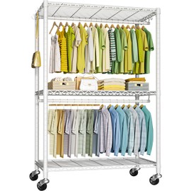 FUTASSI P3 Plus Rolling Clothes Rack, Clothing Racks for Hanging Clothes, Heavy Duty Garment Rack with Wheels, Freestanding Portable Closet Rack 45" W x 14" D x 78.5" H, Max Load 480 LBS, White