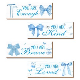 4 Pcs Blue Coquete Bow Room Decor, Teen Girls Trendy Preppy Wall Art Aesthetic for Bedroom Bathroom Decor, Inspirational Positive Affirmations