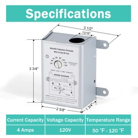 Hipoilk Attic Fan Thermostat Control with Built-in Fire Safety Shut Off, Adjustable Temperature Controller 120 Volt Thermostat Replacement for Power Attic Ventilators and Exhaust Fan