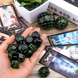 DollaTek 15 Piece Complete Polyhedral Dice Set D3-D100 Role Playing Table Games Black and Green