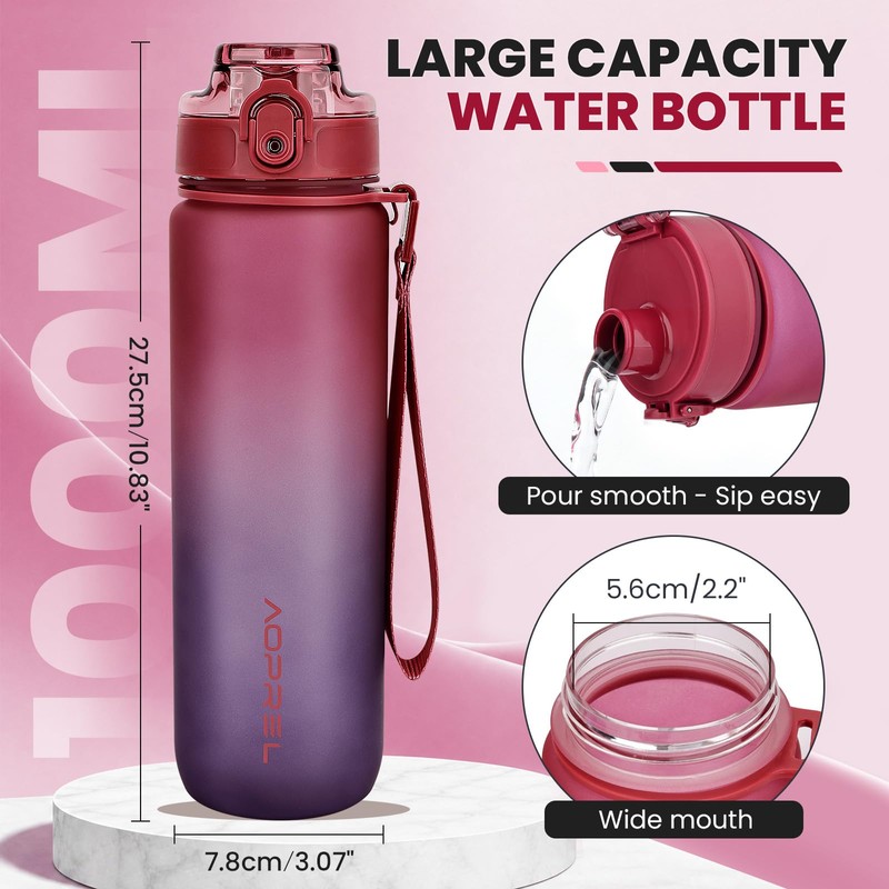 AOPREL Leakproof Water Bottle 1L/650ML with Time Marker, BPA-Free Tritan