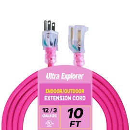 Ultra Explorer Indoor Outdoor Extension Cord Waterproof 10 FT, 12 Gauge Heavy Duty Pink Extension Cord SJTW, Flexible Cold-Resistant 3 Prong Grounded Power Cord for Lawn, Garden, Appliance, UL Listed