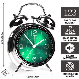 AYRELY® Super Loud Alarm Clock for Heavy Sleepers Adults, Twin Bell Retro Design, 4 Inch Silent Non-Ticking Quartz with Backlight, Metal Dial, Perfect for Bedrooms and Bedside(Green)