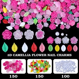 400 Pieces Camellia Flower Charms for Acrylic Nails - 3D Rose Floral Gems, Pink Leaf Accessories, White Pearls Supplies for Women Nail Art Design (Rose Red)