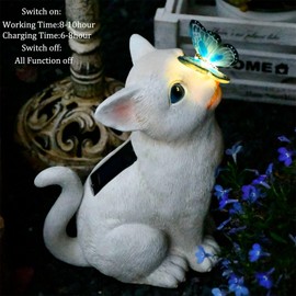 Cat Garden Figurines Outdoor Decor Solar Statue with LED Lights for Patio Lawn Yard Art Decoration Housewarming Garden Gift (White)