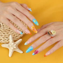 Press On Nails, Summer Fall Flower Fake Nails, Short Almond Shaped Stick on nails, Glue on Nails on 24PCs (Summer Color Flower)